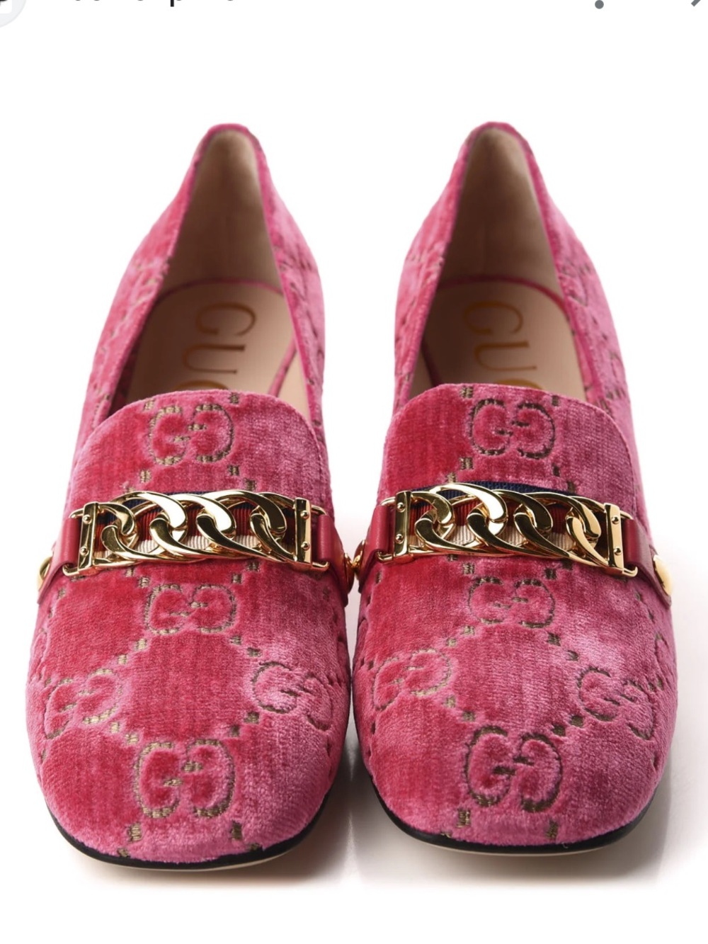 Gucci Velvet GG Monogram Sylvie Web Chain Mid Heel Loafers